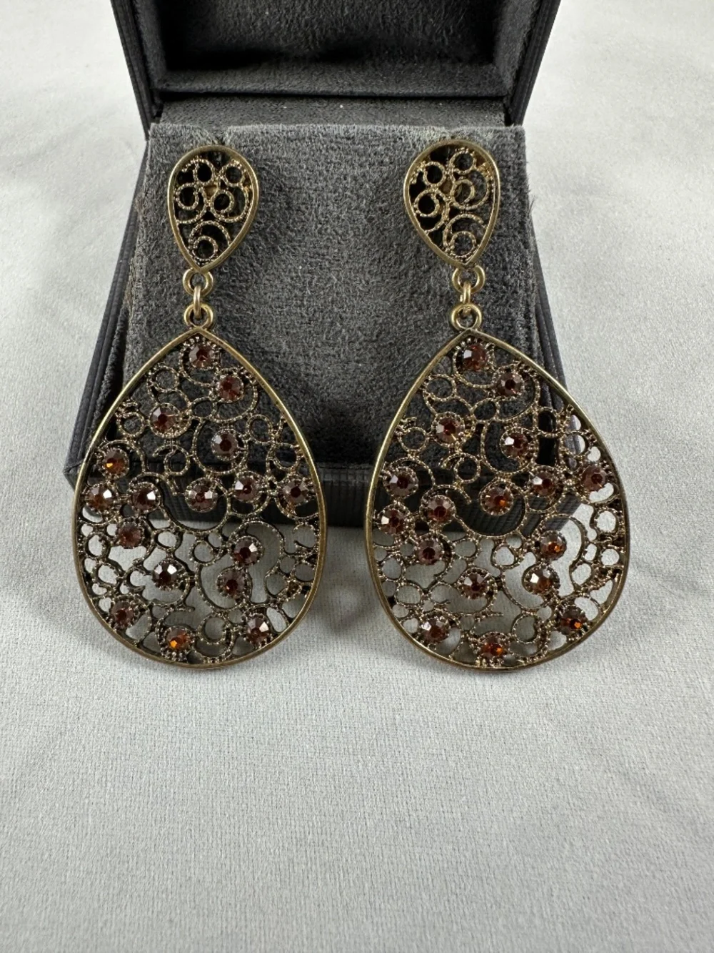 Lia Sophia Antique Brass Amber Crystal Filigree Teardrop Earrings – NYFW Suite